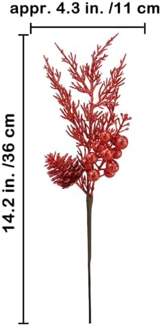 Winlyn 12 Pcs Red Glitter Artificial Pine Branches with Pinecone and Berries for Christmas Decor