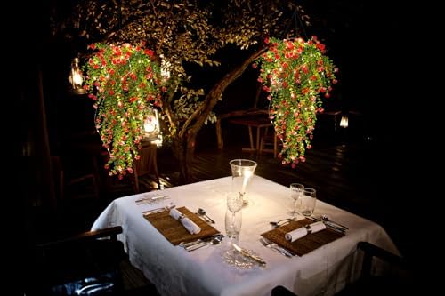 3 Pack Fake Hanging Plants with LED Lights for Outdoor Decor Red
