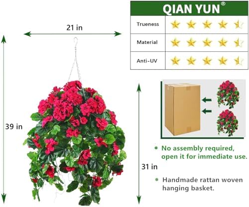 QIANYUN 2PCS Fake Hanging Plants with Red Geranium Flowers