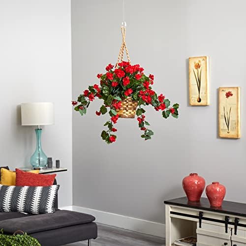 Nearly Natural Red Geranium Hanging Basket UV Resistant