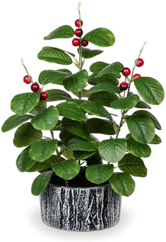 Artificial Ficus Plant with Red Seeds Rustic Black Ceramic Pot 14 Inch