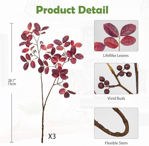 3PCS Artificial Greenery Stems Fall Faux Branches for Vase Wedding Decor