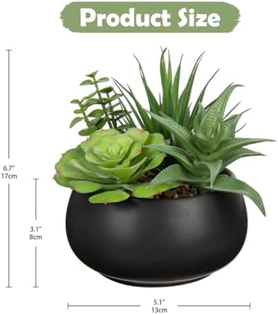 Hollyone Fake Plants Artificial Succulents in Black Ceramic Pots for Home Decor
