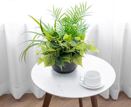 MyGift 15 Inch Artificial Palm and Vine Decor in Black Concrete Pot