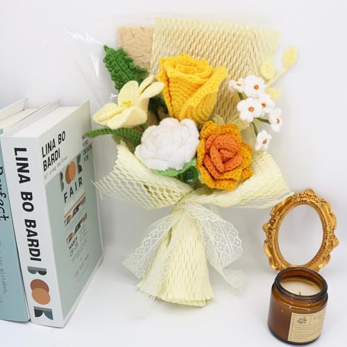 Handmade Crochet Yellow Bouquet with Roses and Orchids
