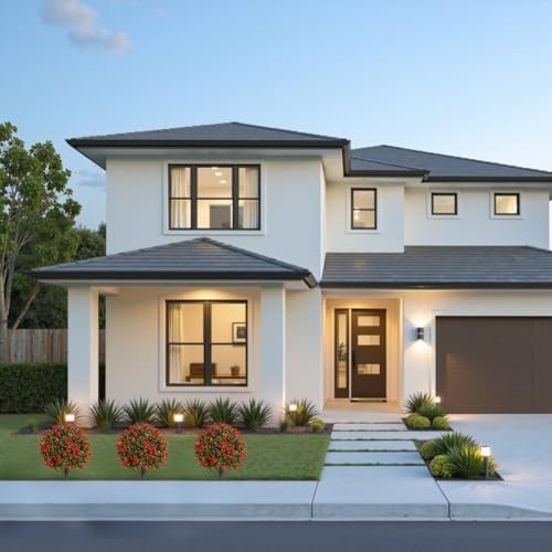 Set of 2 Artificial Boxwood Topiary Shrubs with Red Flowers Outdoor Decor