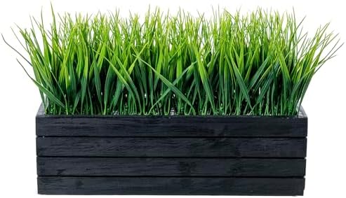MyGift 14 Inch Artificial Grass in Vintage Black Wood Planter