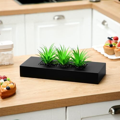 Hotop 2 Pcs Artificial Green Grass Plants in Black Wooden Rectangle Planter Pots