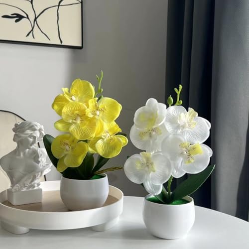 JEVA 2Set Artificial Orchid Flower and White Pot Centerpiece