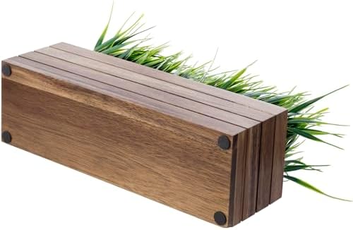 MyGift 14 Inch Artificial Grass in Acacia Wood Planter