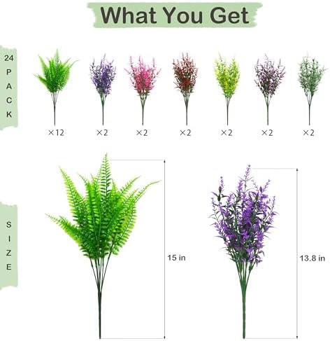 24 Pcs Artificial Greenery Faux Boston Ferns and Lavender Flowers