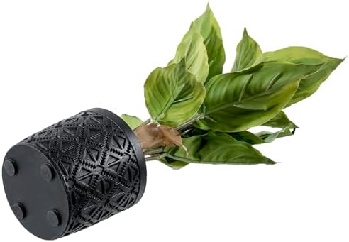MyGift Artificial Dieffenbachia Plant in Black Concrete Pot with Geometric Design