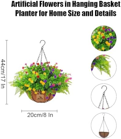 Artificial Hanging Plants with Basket for Outdoor Decor 2 Sets of 17 Inch Faux Flowers in Coconut Pot