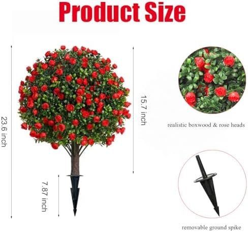 Set of 2 Artificial Boxwood Topiary Shrubs with Red Flowers Outdoor Decor