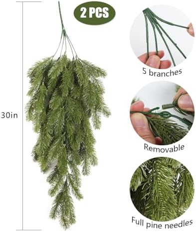 RECUTMS 2Pcs Artificial Christmas Teardrop Pine Needle Hanging Swag for Front Door Wall Home Decor