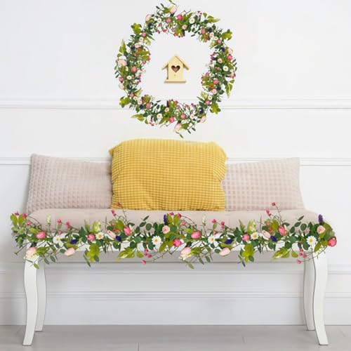 Spring Tulip Garland with Eucalyptus Wildflowers Artificial Wreath for Mantle Porch Summer Decor