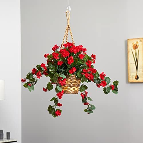 Nearly Natural Red Geranium Hanging Basket UV Resistant