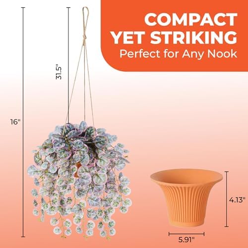 Faux Hanging Plant with Red Clay Pot 16 Inch Artificial Leaves for Indoor Decor