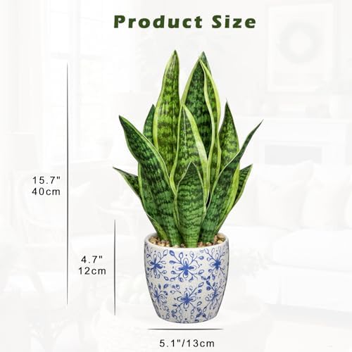 Hollyone Artificial Snake Plant with Blue Porcelain Pot