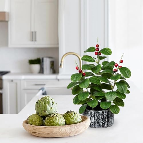 Artificial Ficus Plant with Red Seeds Rustic Black Ceramic Pot 14 Inch