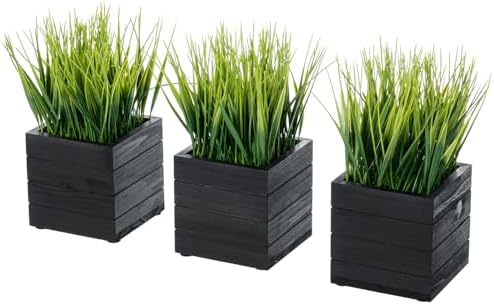 MyGift Artificial Grass Plants in Vintage Black Wood 4 Inch Planter Boxes Set of 3