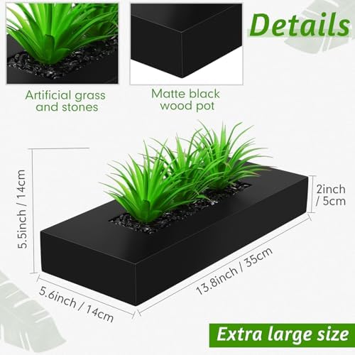 Hotop 2 Pcs Artificial Green Grass Plants in Black Wooden Rectangle Planter Pots