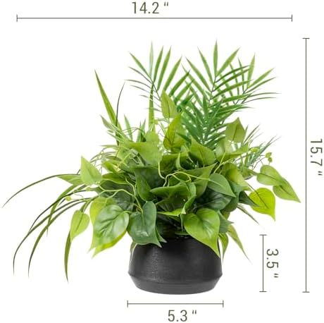 MyGift 15 Inch Artificial Palm and Vine Decor in Black Concrete Pot