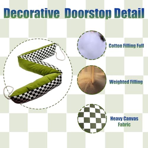 Heavy-Duty Door Draft Stopper with Handle - Green and White Fabric Floor Stopper for Interior and Exterior Doors