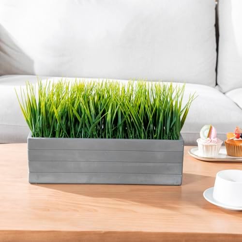 MyGift 14 Inch Artificial Grass Plant in Gray Concrete Planter