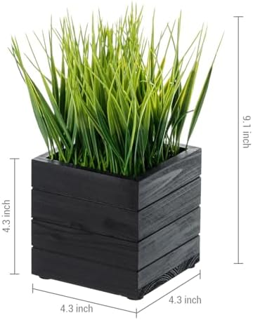 MyGift Artificial Grass Plants in Vintage Black Wood 4 Inch Planter Boxes Set of 3