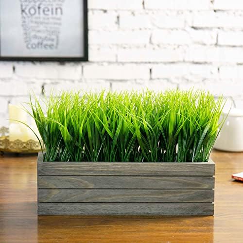 MyGift Artificial Grass in Vintage Gray Wooden Planter