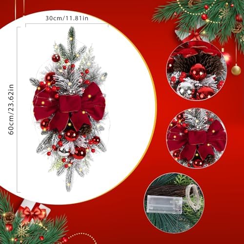 Red Artificial Christmas Teardrop Swag with Glitter Balls and Berries