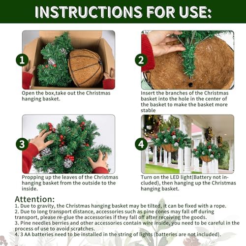 Ciaell 22inch Artificial Christmas Hanging Basket with LED Lights and Pine Cones Berries