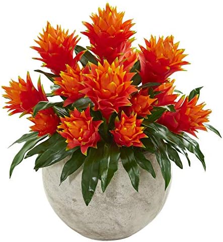 Nearly Natural Artificial Bromeliad in Red Sandstone Bowl