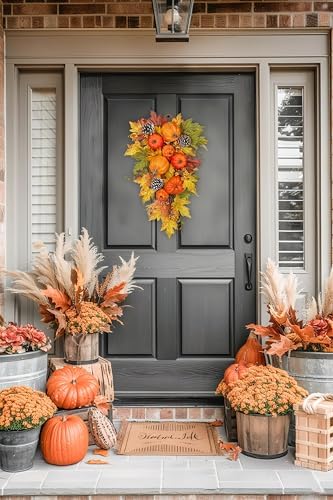 Elegant Fall Wreath and Swag with Fake Pumpkins for Farmhouse Dcor