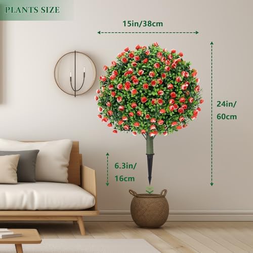 MOOMASS Artificial Rose Topiary Ball Trees Set of 2 24 Inch UV Resistant Fake Evergreen Shrubs with Ground Spike