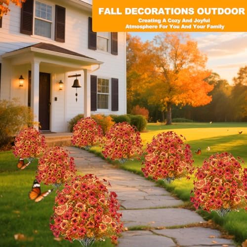 2 Pack Artificial Boxwood Topiary with Fall Mums Flowers