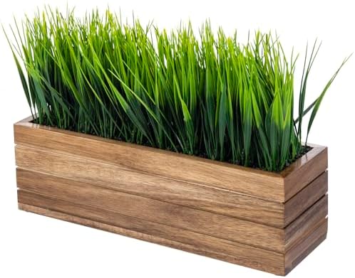 MyGift 14 Inch Artificial Grass in Acacia Wood Planter