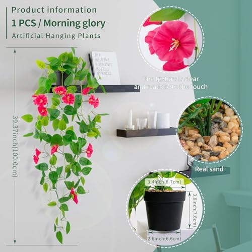 LOYWREE Artificial Hanging Potted Plant 39in Red Vine with Flowers for Home Office Decor