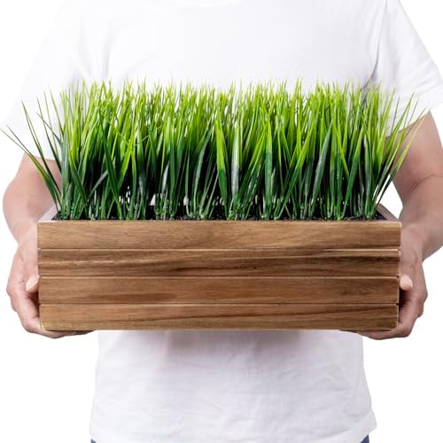 MyGift 14 Inch Artificial Grass in Acacia Wood Planter