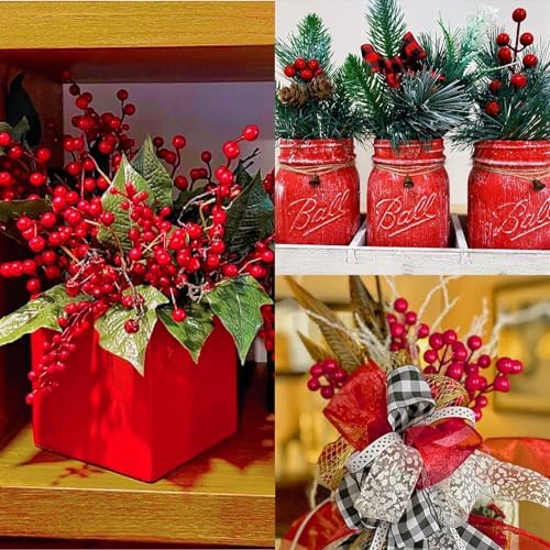 Sggvecsy 60 Pcs Artificial Pine Branches and Red Berry Stems for Christmas Decor