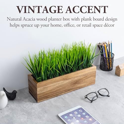 MyGift 14 Inch Artificial Grass in Acacia Wood Planter
