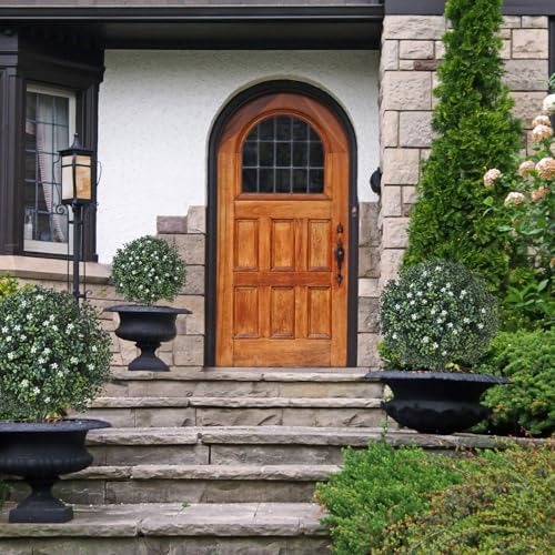 Artificial Boxwood Topiary with White Flowers Set of 2 UV Resistant Outdoor Decor