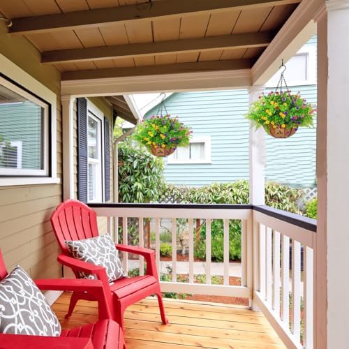 Artificial Hanging Plants with Basket for Outdoor Decor 2 Sets of 17 Inch Faux Flowers in Coconut Pot