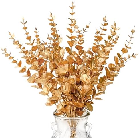 24 Pcs Gold Eucalyptus Artificial Leaves Decor Branches for Wedding and Home