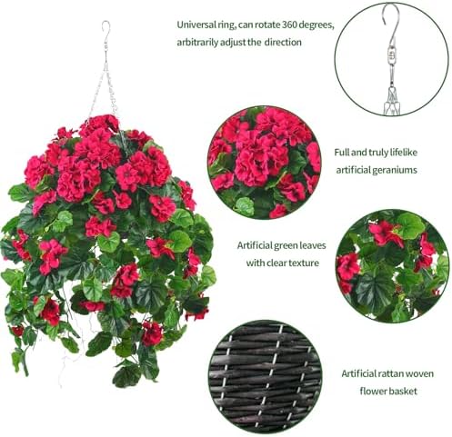 QIANYUN 2PCS Fake Hanging Plants with Red Geranium Flowers