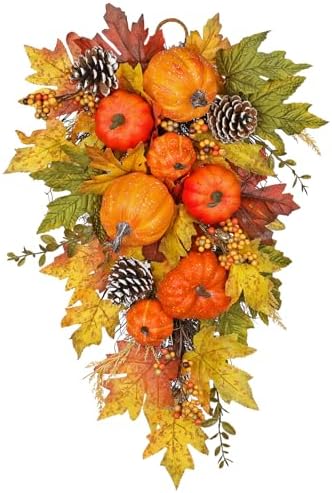 Elegant Fall Wreath and Swag with Fake Pumpkins for Farmhouse Dcor