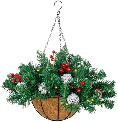 Ciaell 22inch Artificial Christmas Hanging Basket with LED Lights and Pine Cones Berries