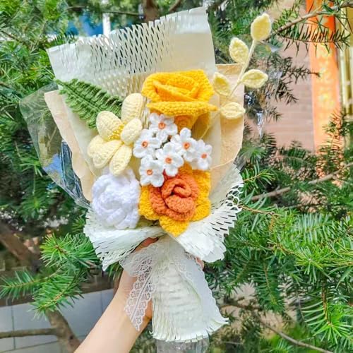 Handmade Crochet Yellow Bouquet with Roses and Orchids