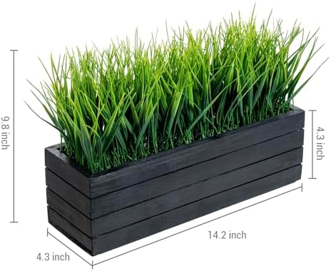 MyGift 14 Inch Artificial Grass in Vintage Black Wood Planter